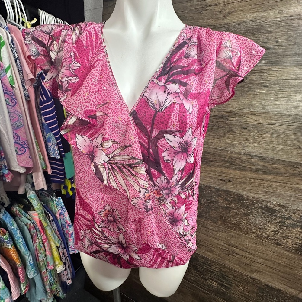 White House Black Market Pink Flutter Sleeve Wrap Blouse